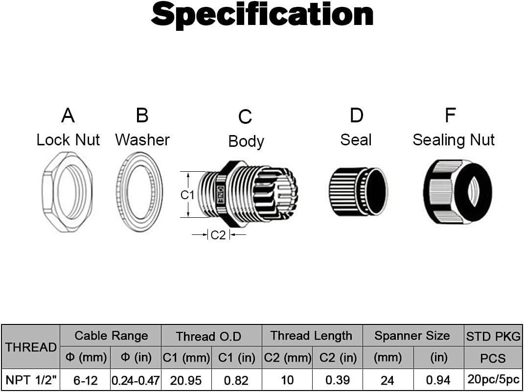 100-Pack NPT 1/2’ Waterproof Cable Glands - Reliable Black Nylon Connectors