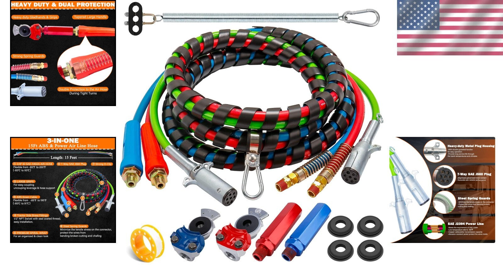 15FT Semi Truck Air Lines Kit with 3 in 1 Red & Blue Brake Hoses - Complete Set