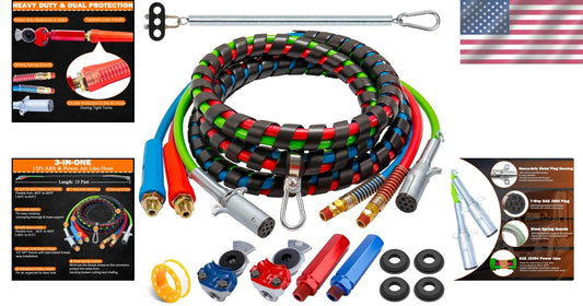 15FT Semi Truck Air Lines Kit with 3 in 1 Red & Blue Brake Hoses - Complete Set