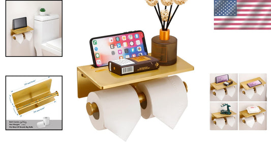Dual Roll Toilet Paper Holder & Shelf in Brushed Gold - Easy Installation