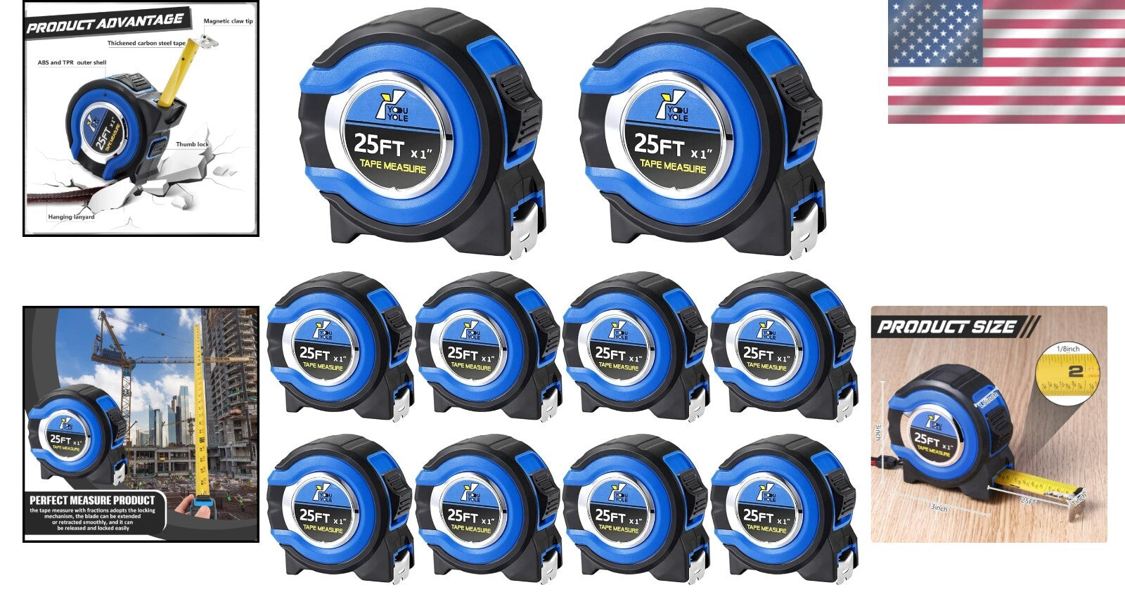 Retractable Measuring Tape 10-Pack – 25ft Steel Blades with Easy-Read Design