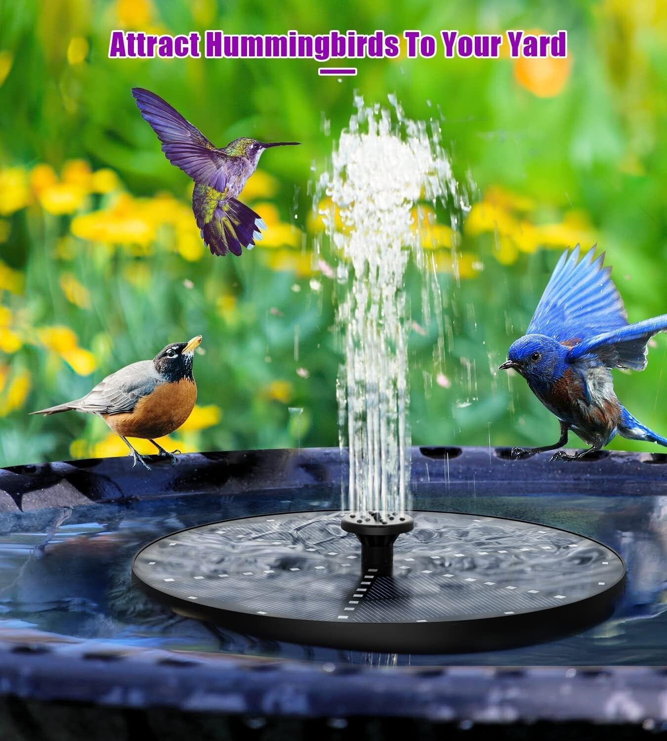 Solar-Powered Fountain with 60 Colorful LEDs, 7 Water Styles & Anti-Drift Fixers