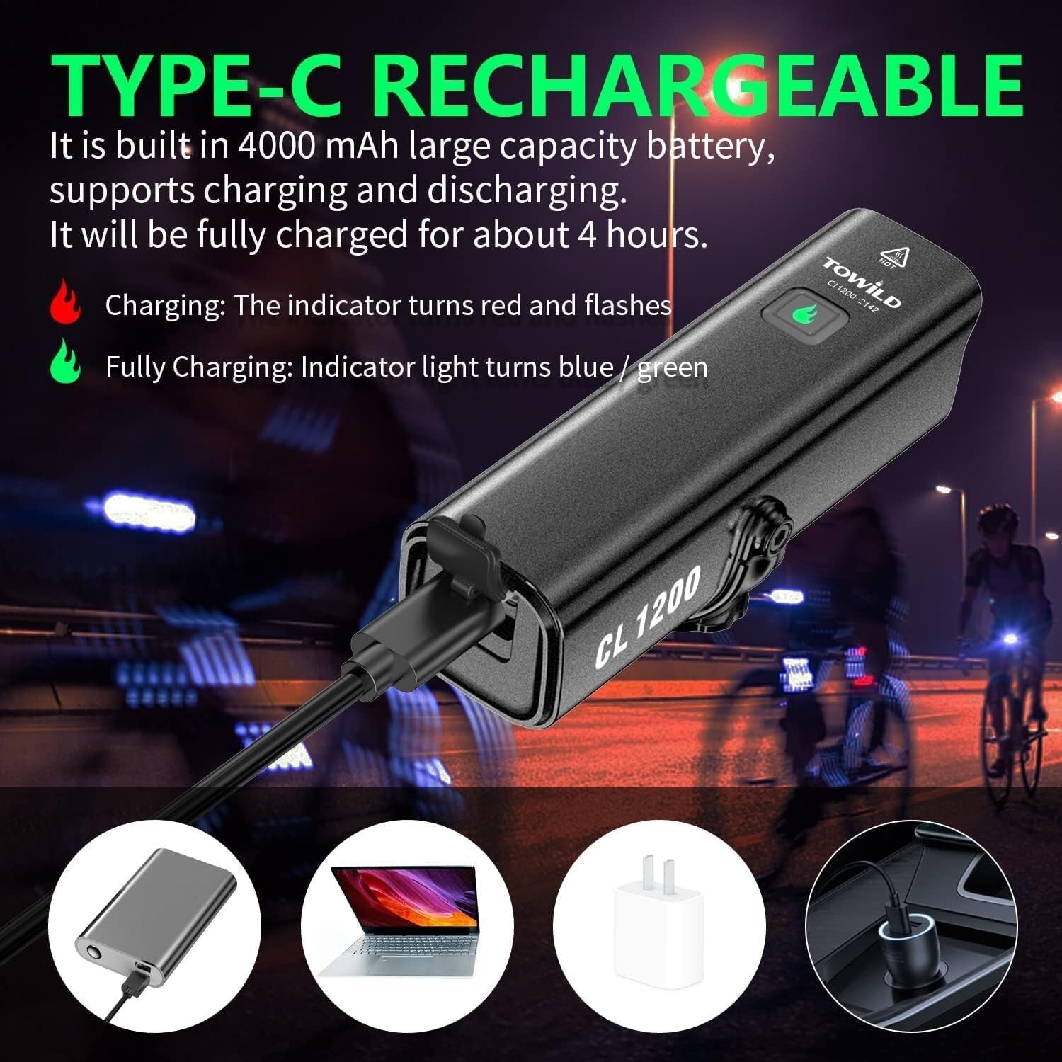 1200 Lumen Waterproof Bike Headlight with Rechargeable Battery & Garmin Mount