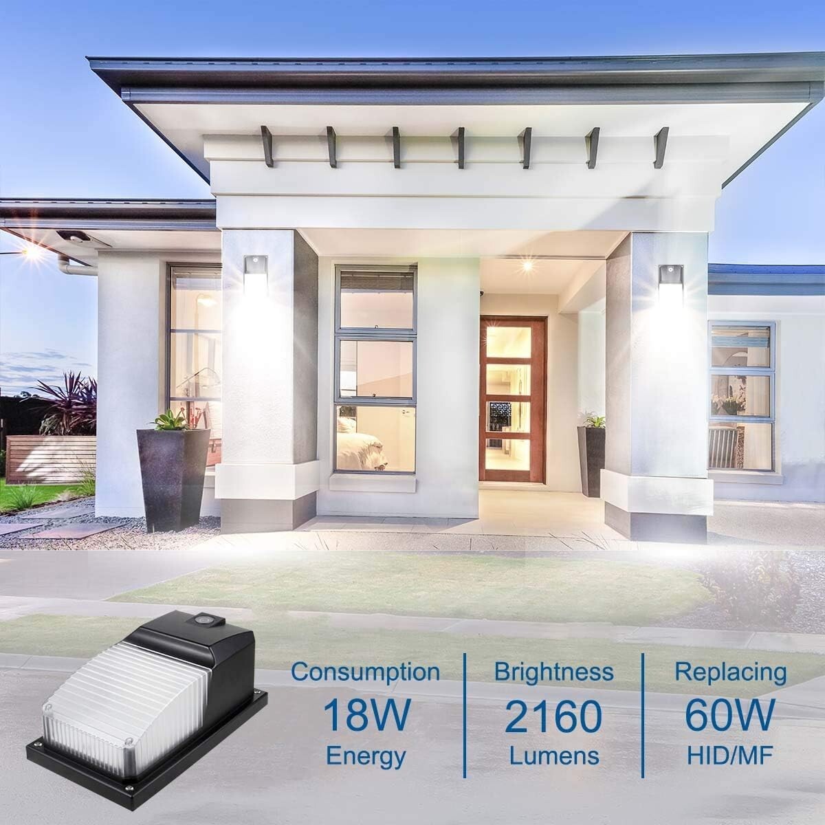 18W Waterproof LED Wall Pack Lights for Garage & Porch 2-Pack, 5000K Brightness