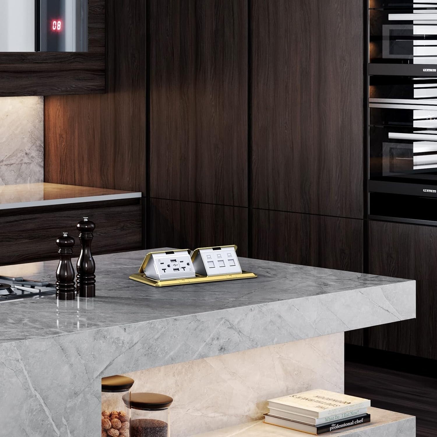 Modern Dual Pop-Up Electrical Outlet with Waterproof Design & USB Ports in Brass