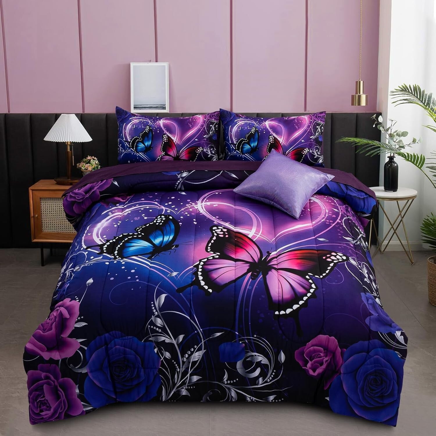 Galaxy 6pc Twin Comforter Set: Dreamy 3D Butterfly Print in Purple & Blue