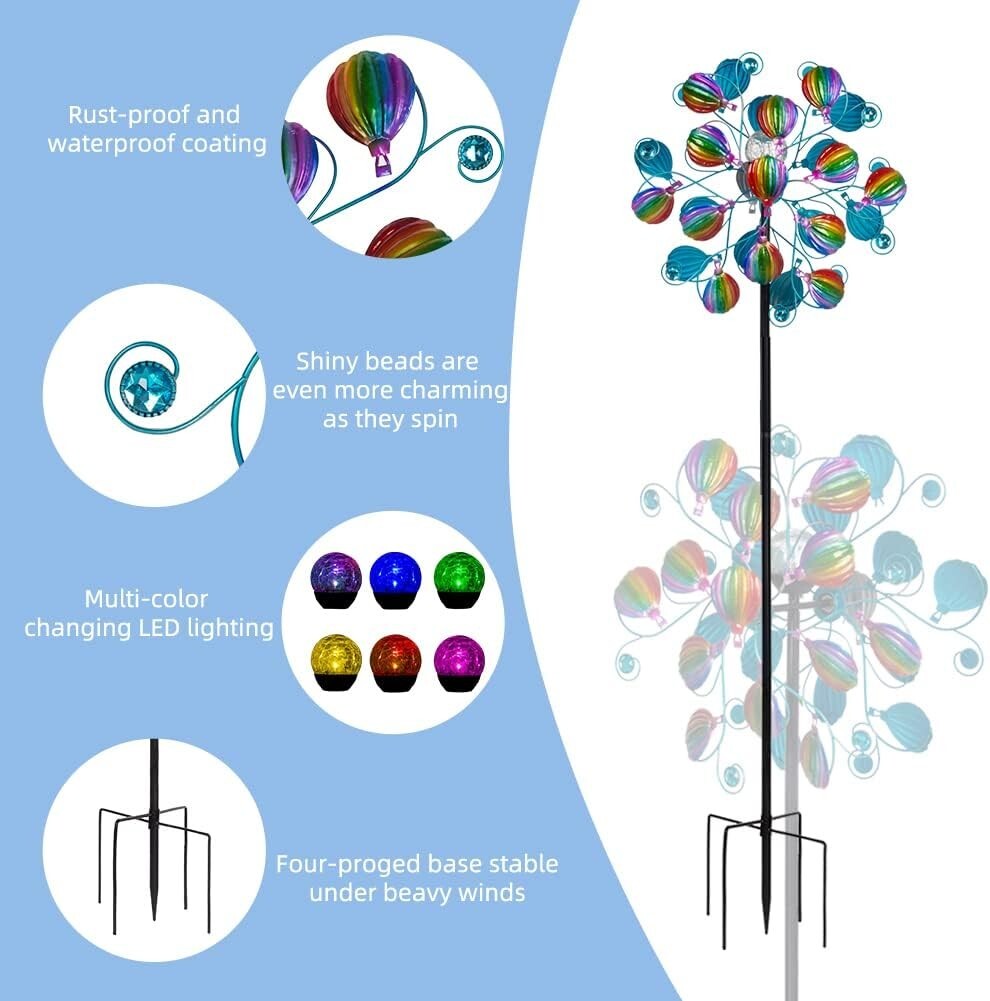 Solar-Powered Hot Air Balloon Kinetic Spinner with LED Lights for Gardens