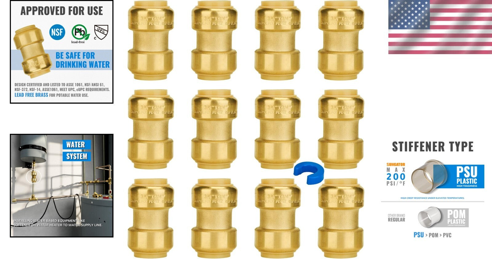 12 Pack of 3/4 Inch Lead-Free Brass Push-to-Connect Couplings for Plumbing