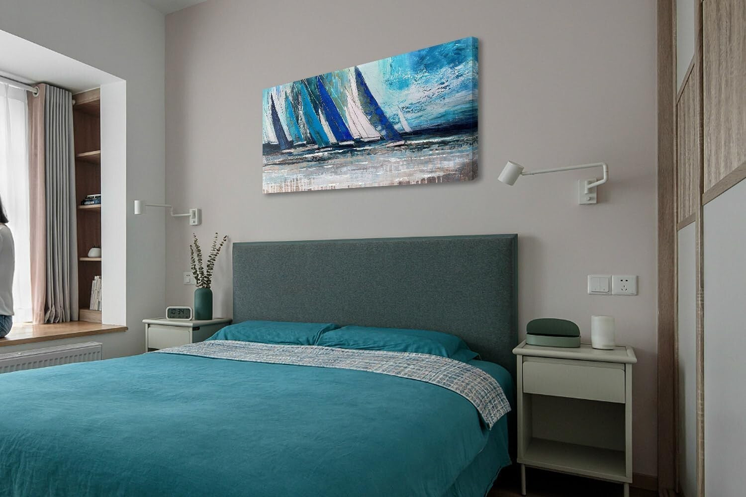 Coastal Blue Sailboat Canvas Art 48inx24in - UV-Resistant Nautical Decor