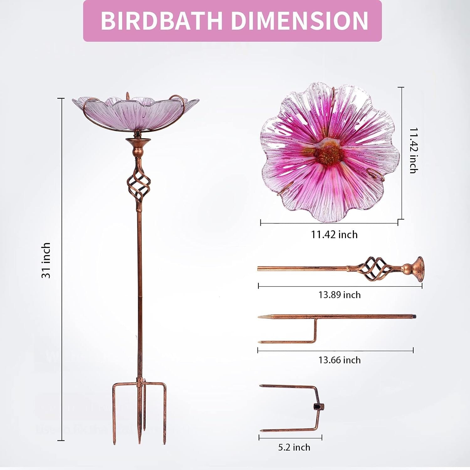 Beautiful 31-Inch Pink Glass Birdbath for Hummingbirds - Outdoor Decor