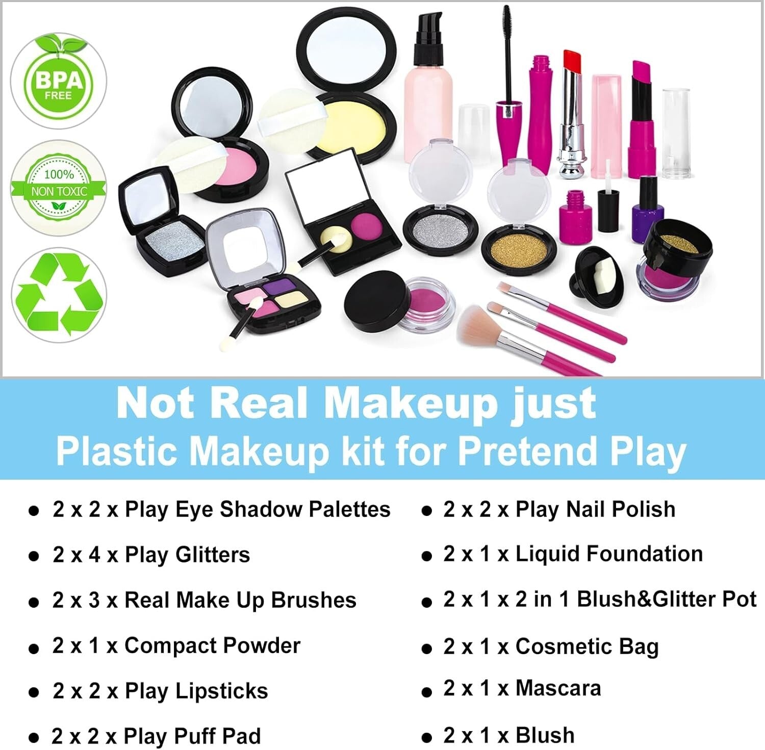 Deluxe Makeup Toy Set for Kids - 2 Pack with Compact Cosmetic Bag for Easy Play