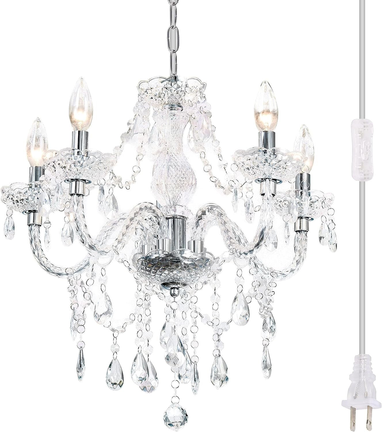 Elegant Acrylic Crystal Chandelier - Plug-In 5 Light Pendant with Clear Cord