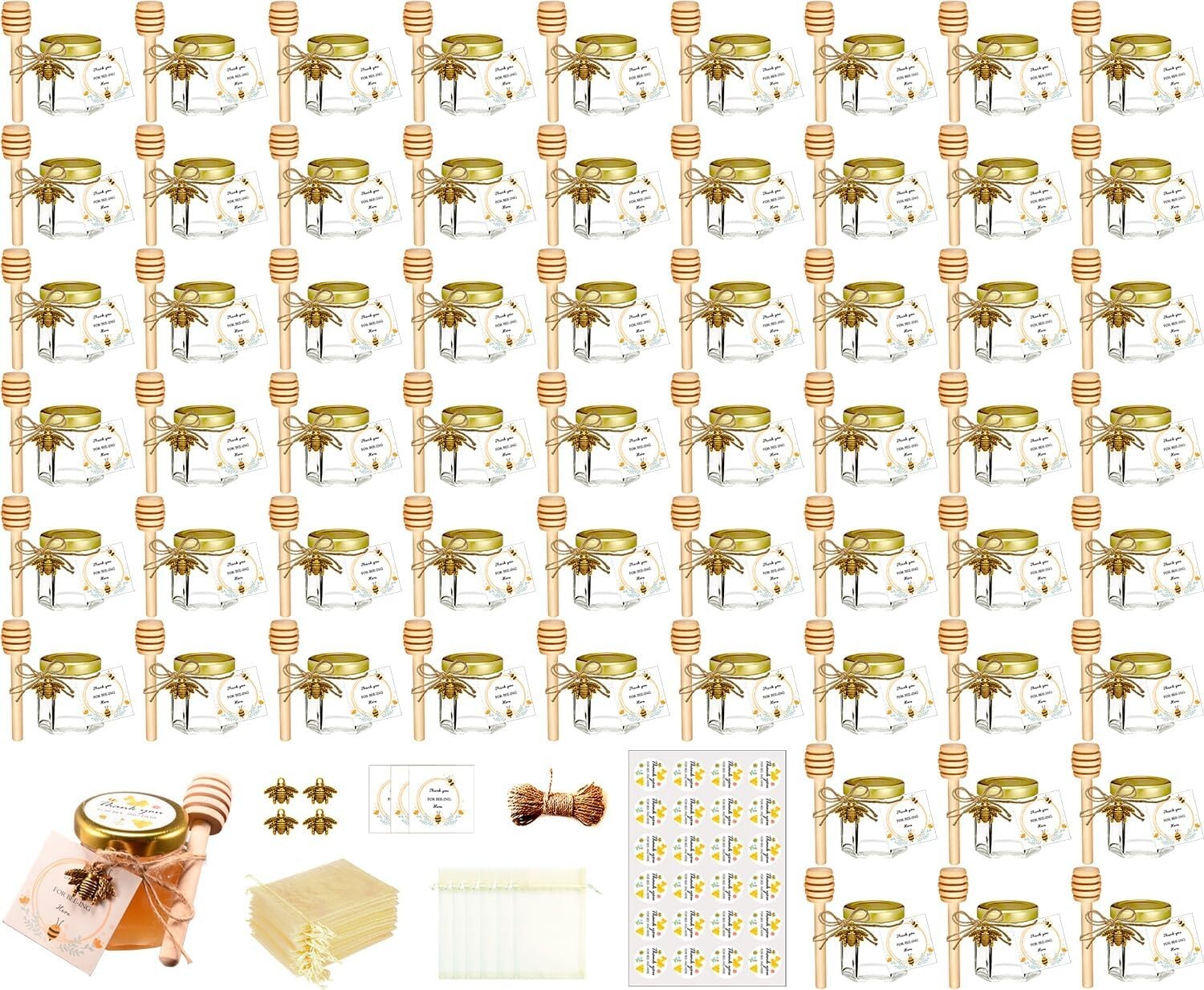 60-Pack Mini Honey Jars with Wood Dippers – Perfect Wedding & Baby Shower Favors
