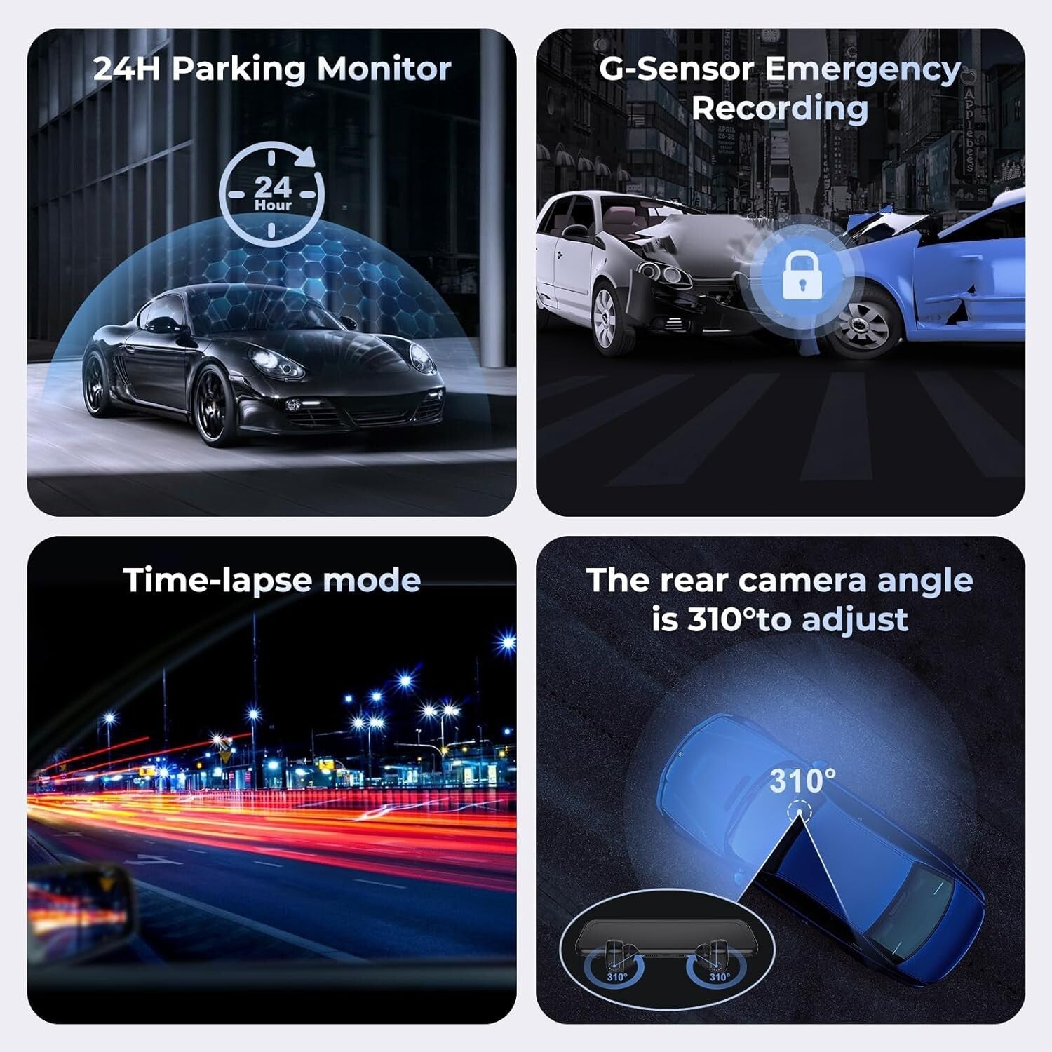 12'' 4-Channel Mirror Dash Cam with 360° View, GPS & Night Vision - 128GB Card