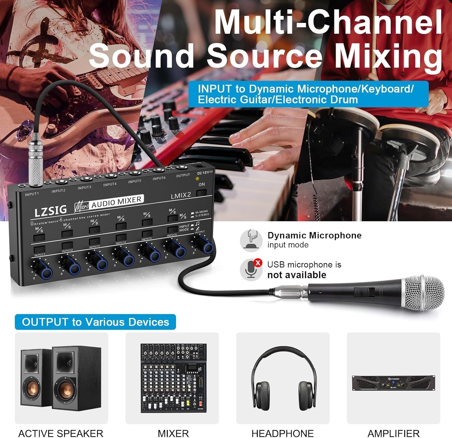 Professional 6-Channel Stereo Line Mixer with Dynamic Microphone Control