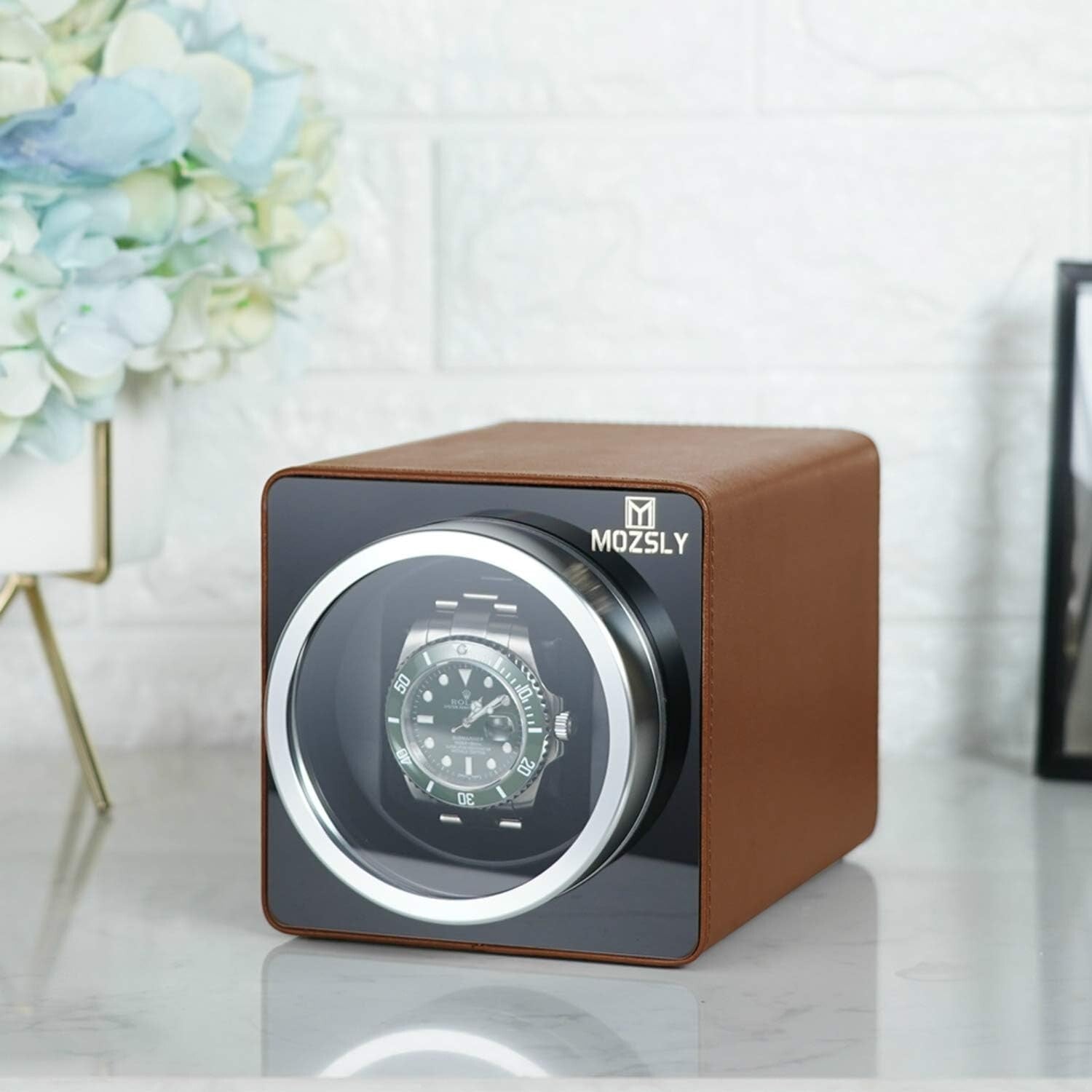 Elegant Faux Leather Watch Winder with 12 Rotation Modes & Soft Pillows