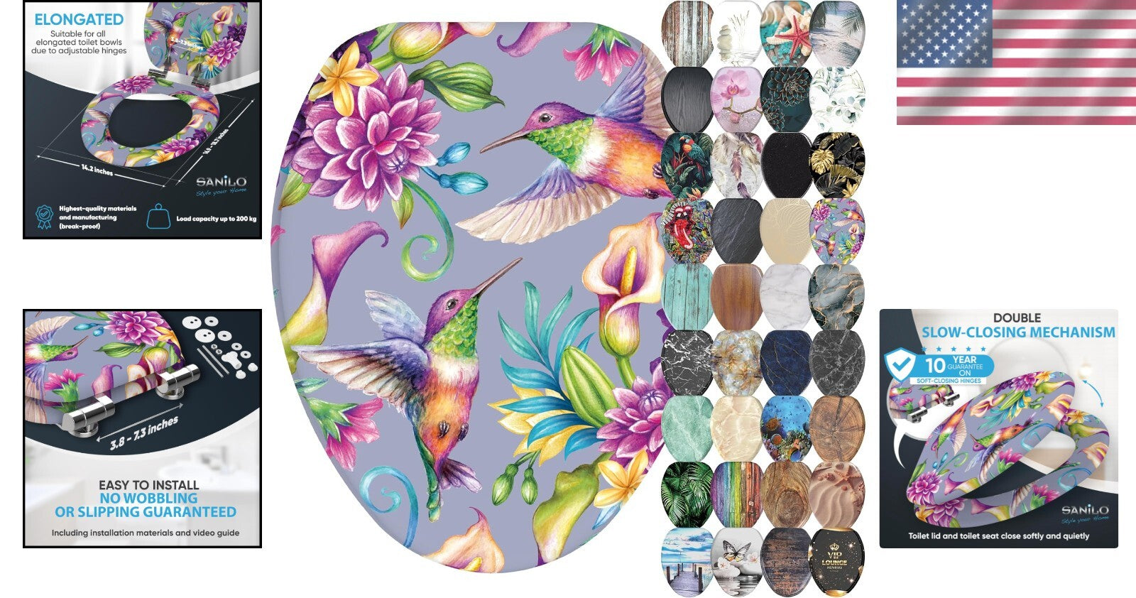 Elongated Molded Wood Toilet Seat with Beautiful Hummingbird Print - Soft Close