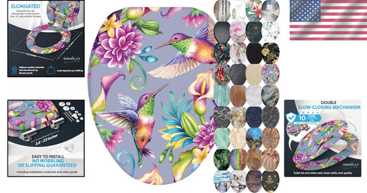 Elongated Molded Wood Toilet Seat with Beautiful Hummingbird Print - Soft Close