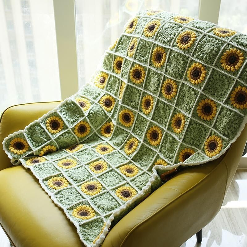 Artisan Crocheted Sunflower Throw Blanket - Boho 59" x 39" for Cozy Luxury