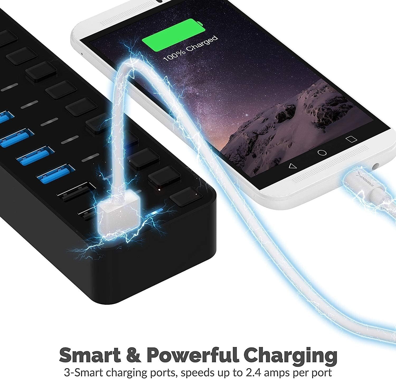 Advanced 10-Port USB 3.0 Hub - Features 3 Efficient Charging Ports & LED Status