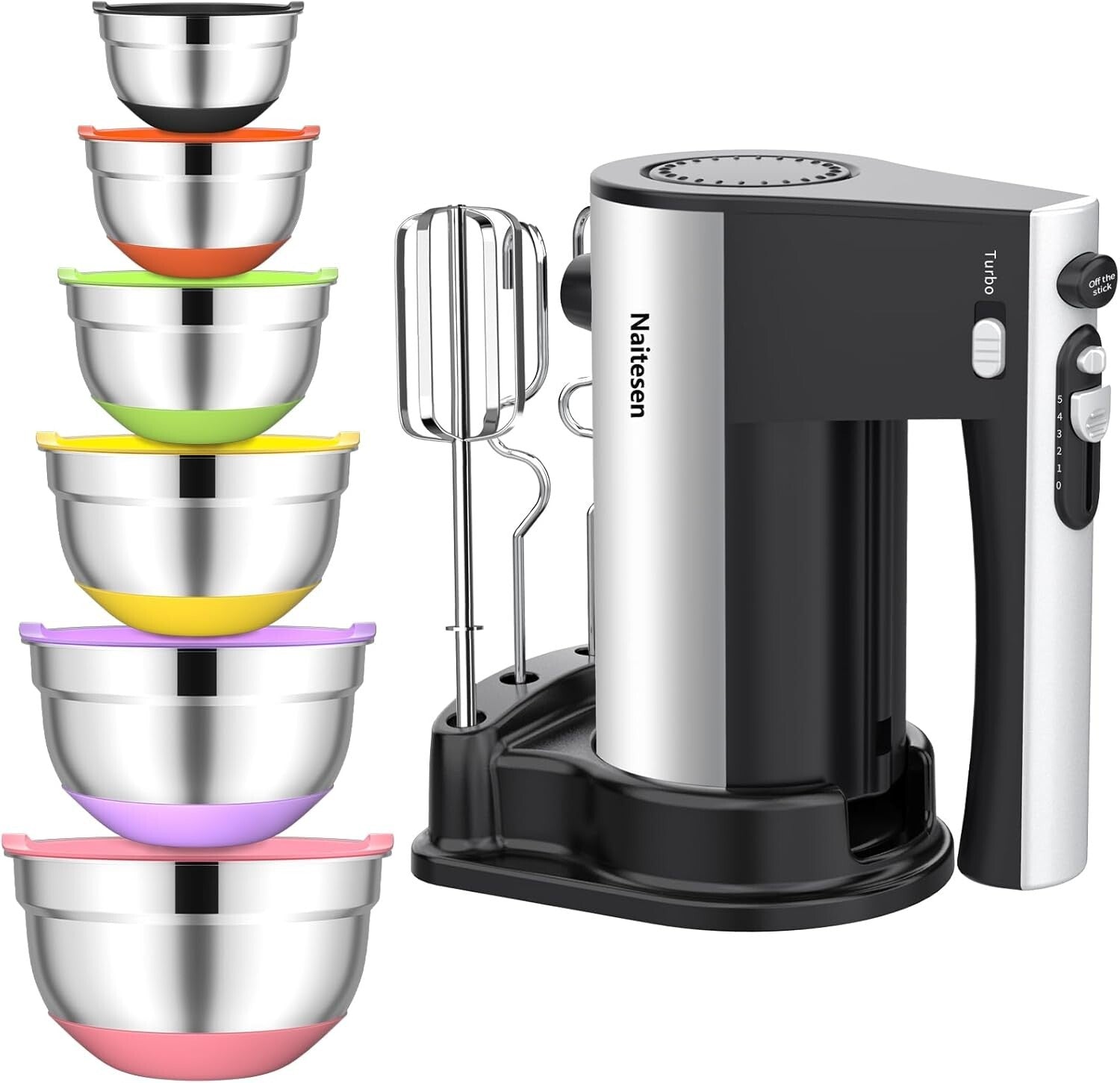 600W Electric Hand Mixer & 6 Stainless Steel Nesting Bowls with Colorful Lids
