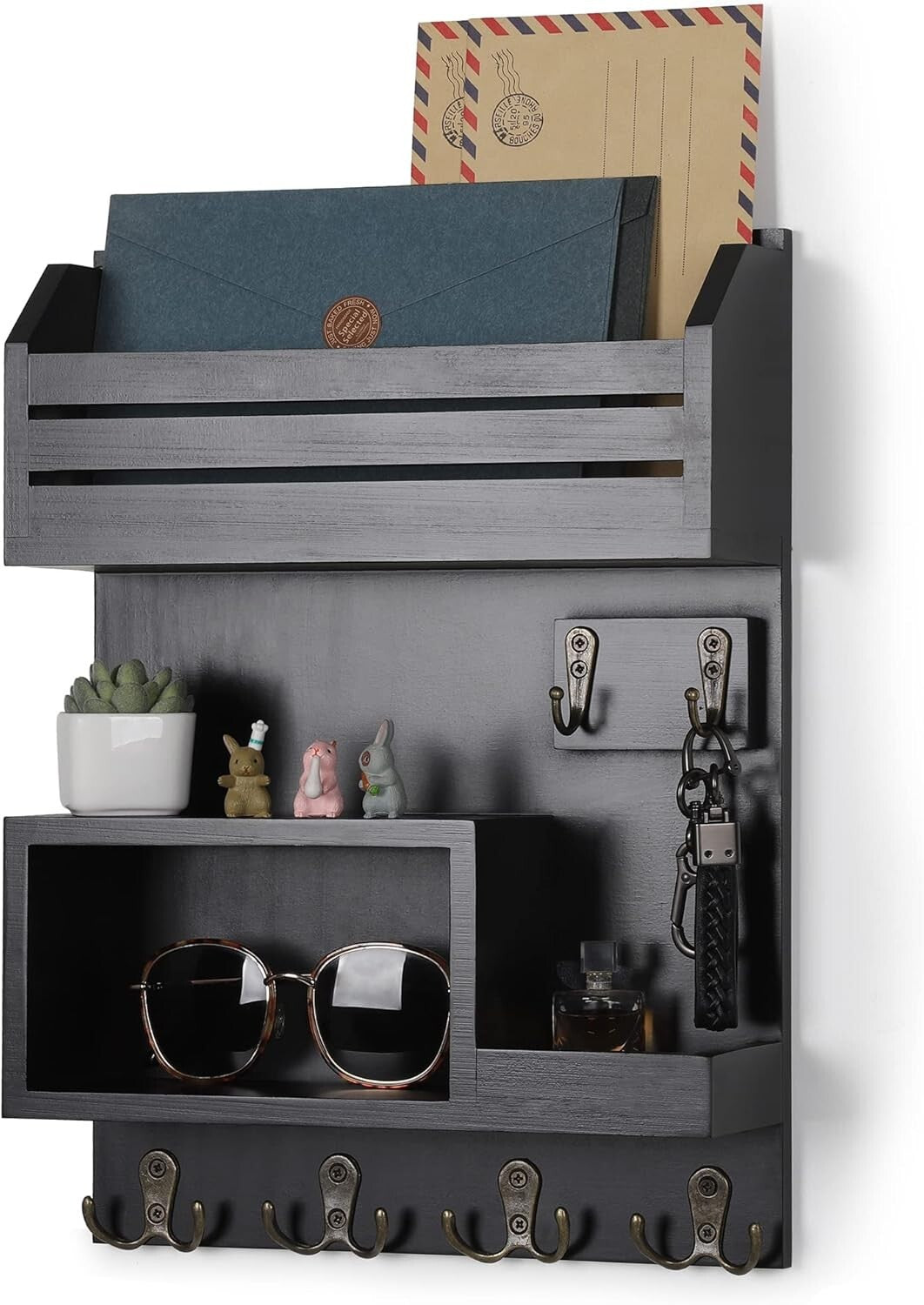 Versatile Wall-Mounted Key and Mail Organizer with Double Hooks - Rustic Charm