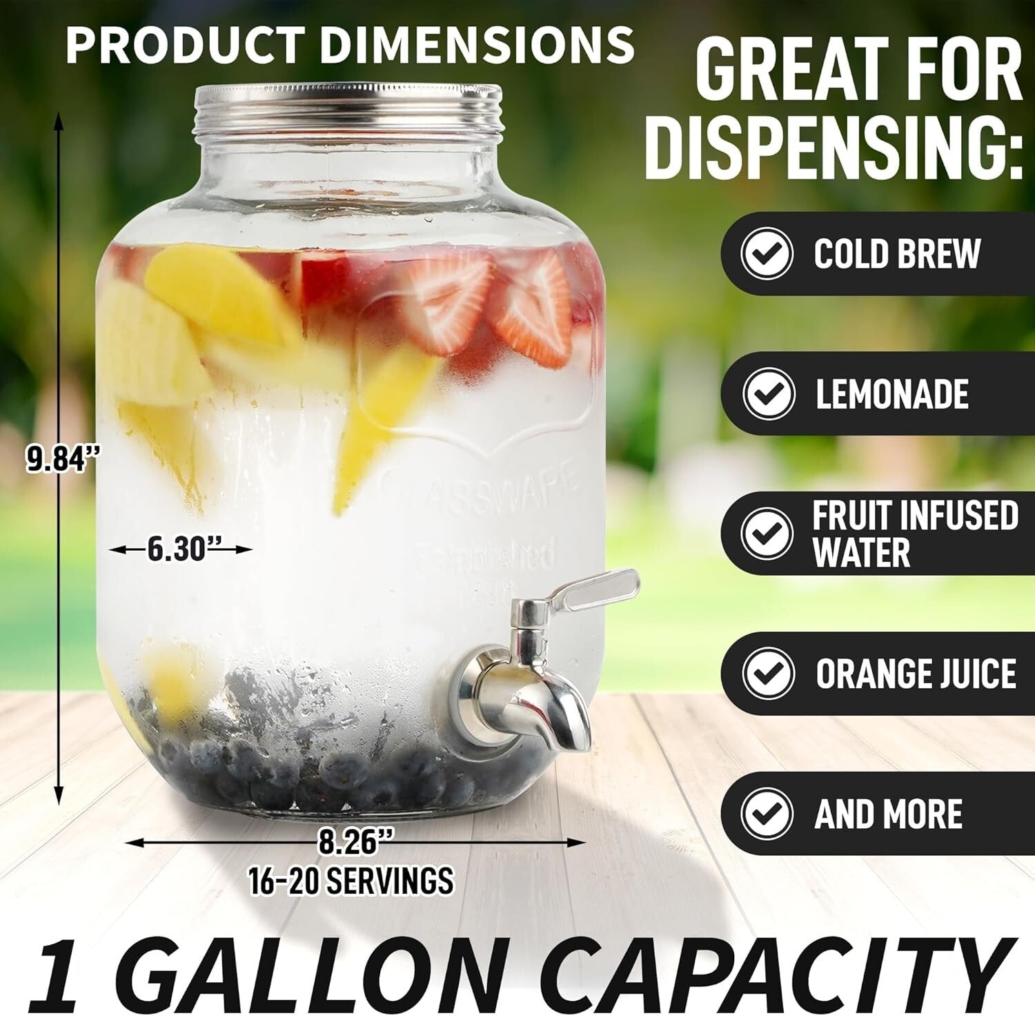 Durable Iced Tea & Cold Brew Maker - 1 Gallon Glass Pitcher with Airtight Lid