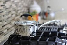 Load image into Gallery viewer, Premium Tri-Ply Stainless Steel Saucepan with Strainer Lid and Ergonomic Handle