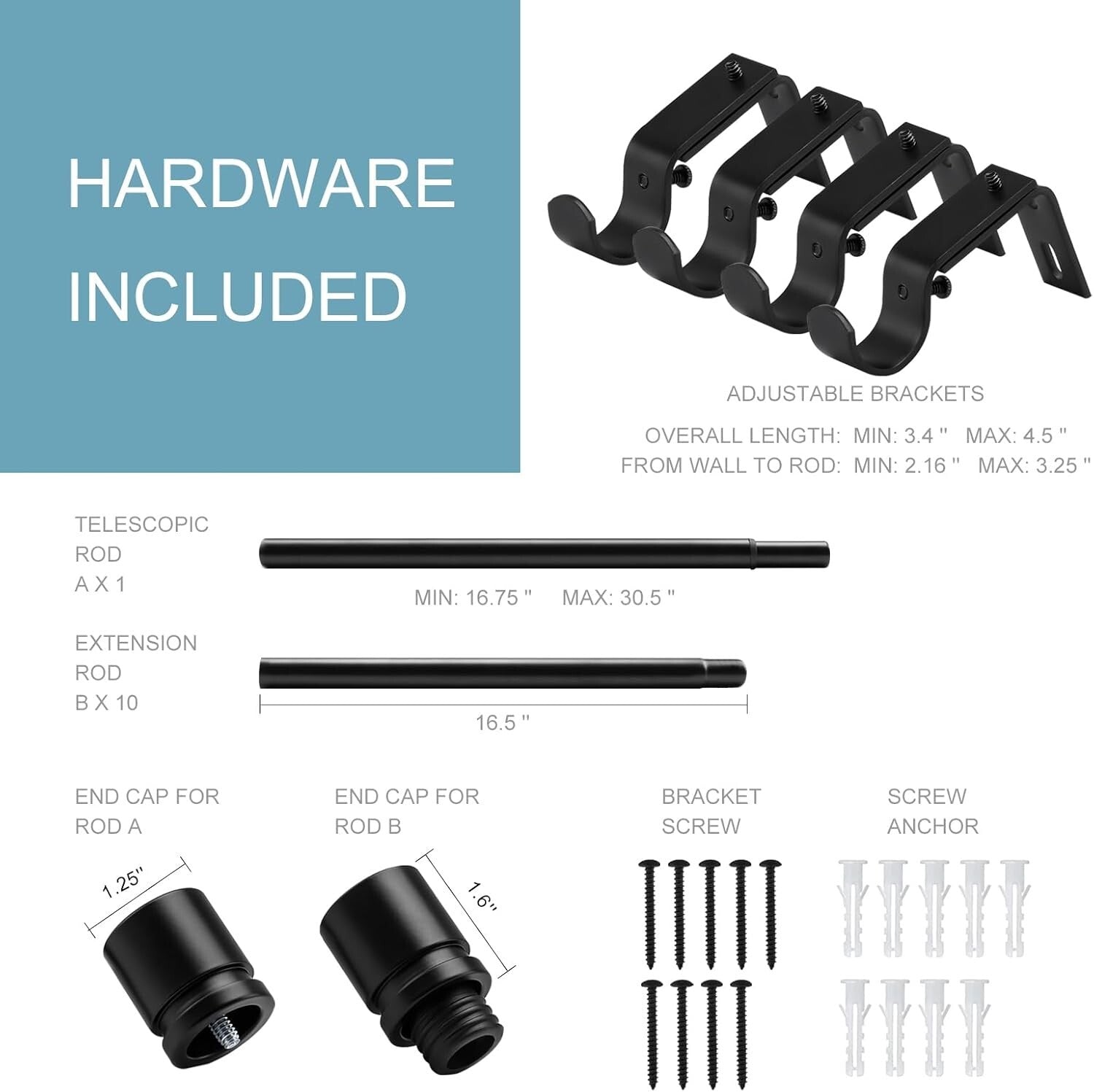 Adjustable Length Black Curtain Rod 16-170 Inches with Elegant Aluminium Finials