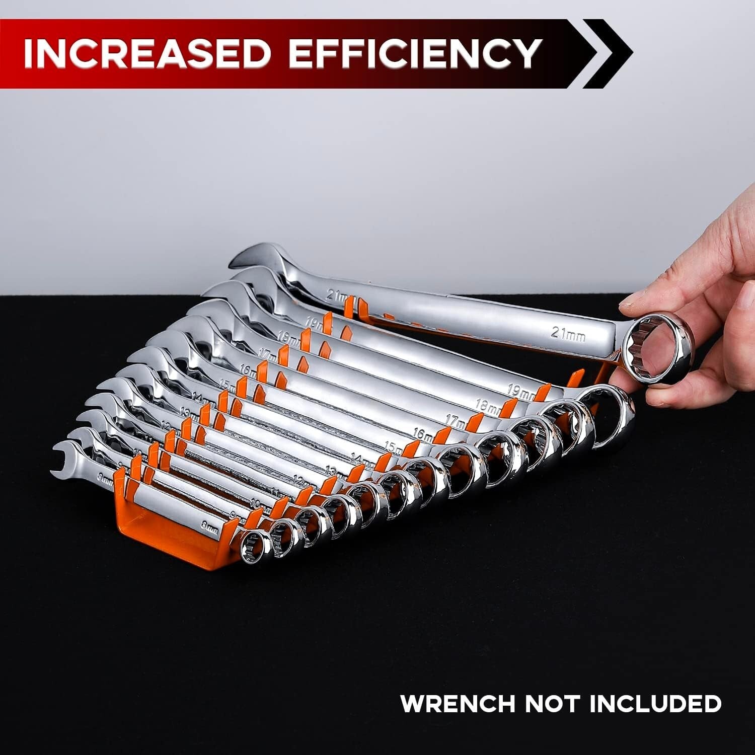 Compact Metal Wrench Organizer for Wall or Drawer - 104 Slots, 8 Orange Racks