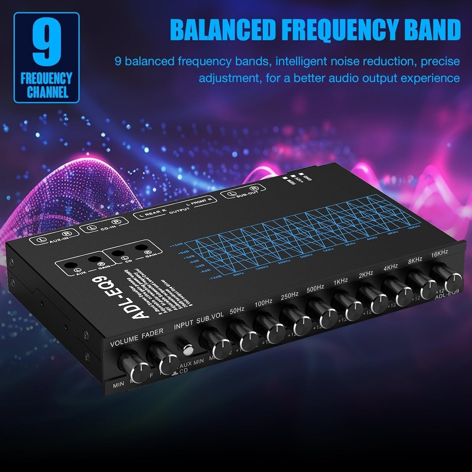 Adjustable 9-Band Car Equalizer with CD/AUX Input & White Light Illumination