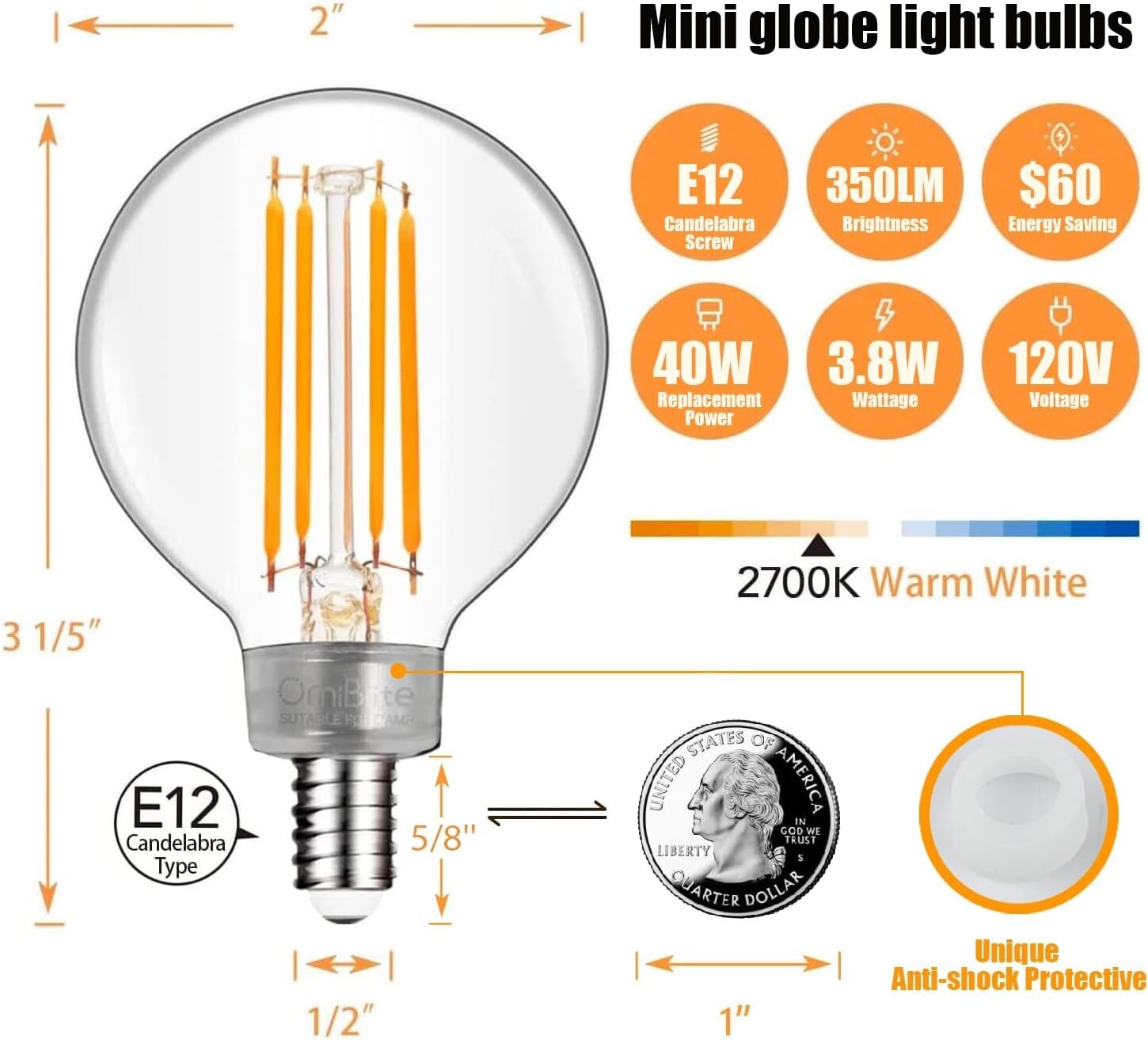 G16 LED Globe Bulb 12 Pack - 350 Lumens, Anti-Shock, Dimmable & Eco-Friendly