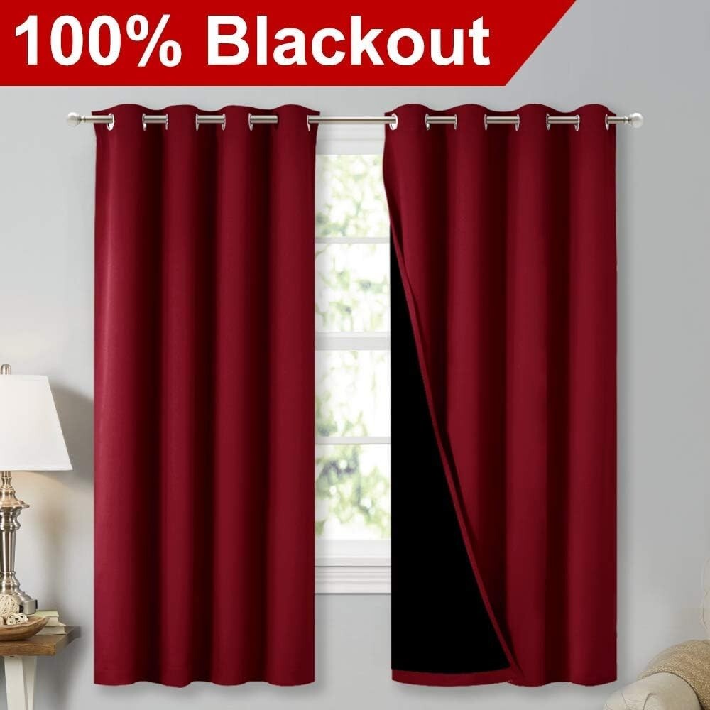 Burgundy Red 100% Blackout Curtains - Thermal Insulated & Noise Reducing Drapes