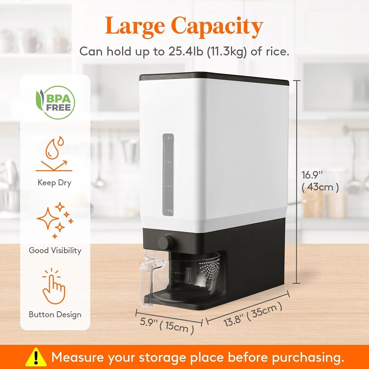 BPA-Free Grain Dispenser with Push-Button Seal - Ideal for Pantry Organization