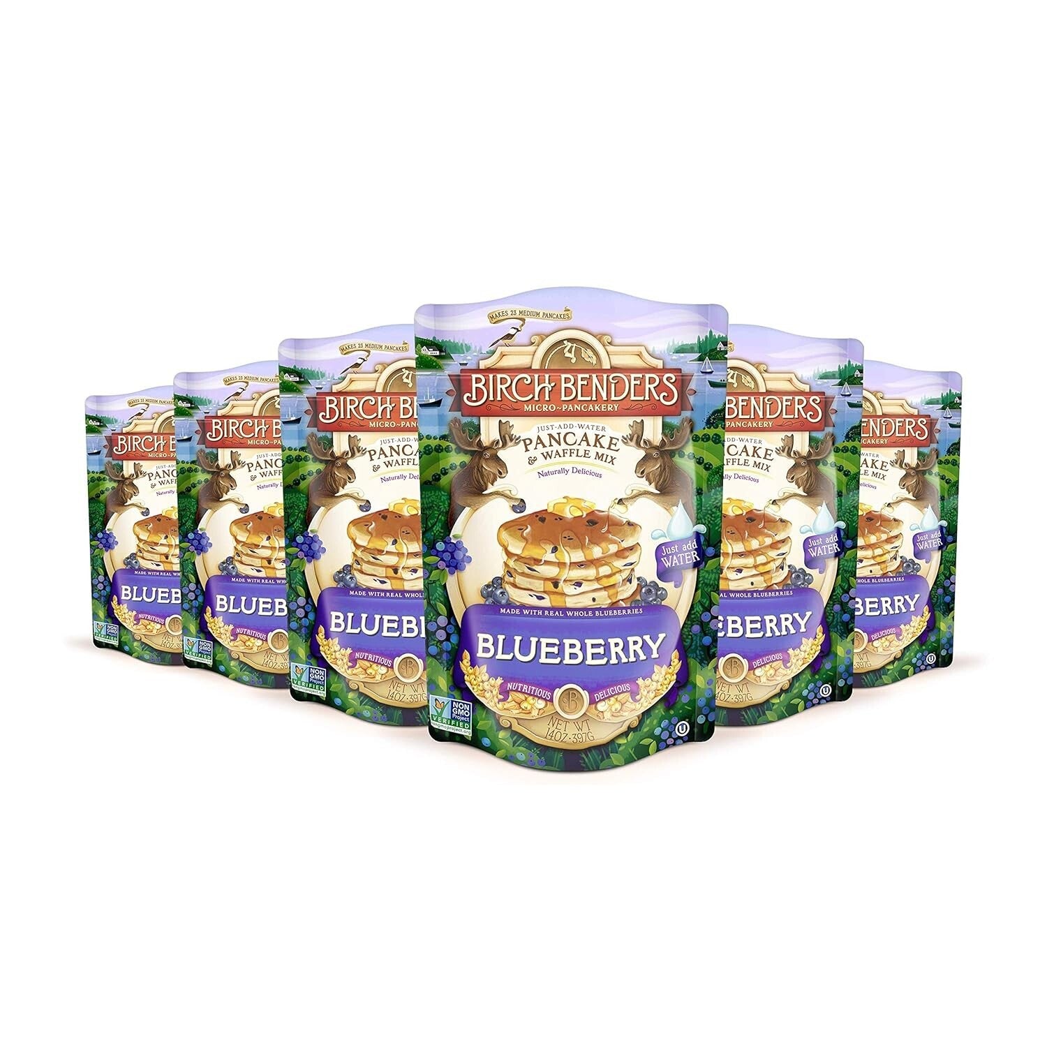 Delicious Blueberry Pancake & Waffle Mix - Family Size, 14 oz Pouches, Pack of 6