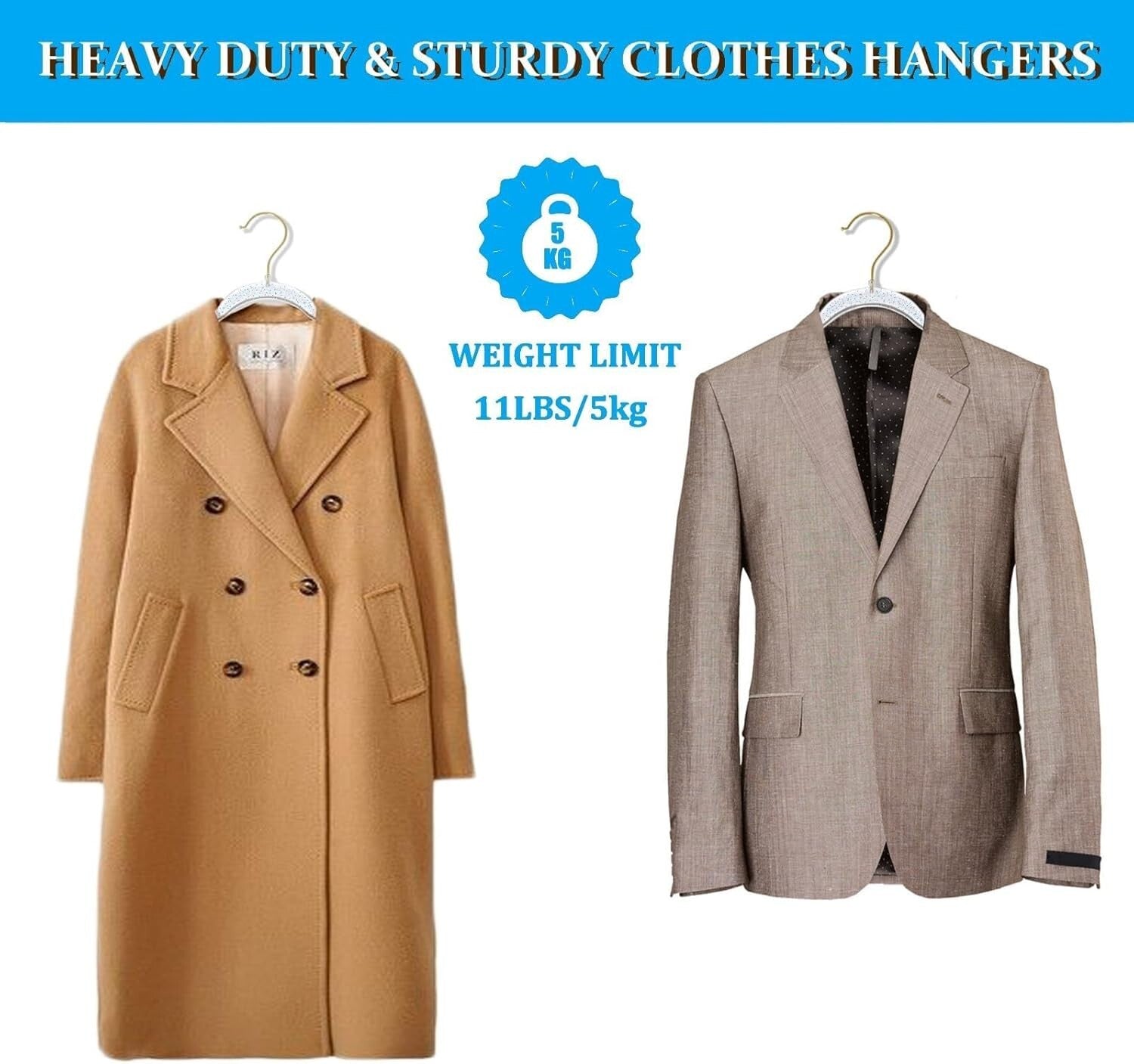 40 Pack Blue Glitter Hangers with Gold Swivel Hooks - Space Saving & Stylish