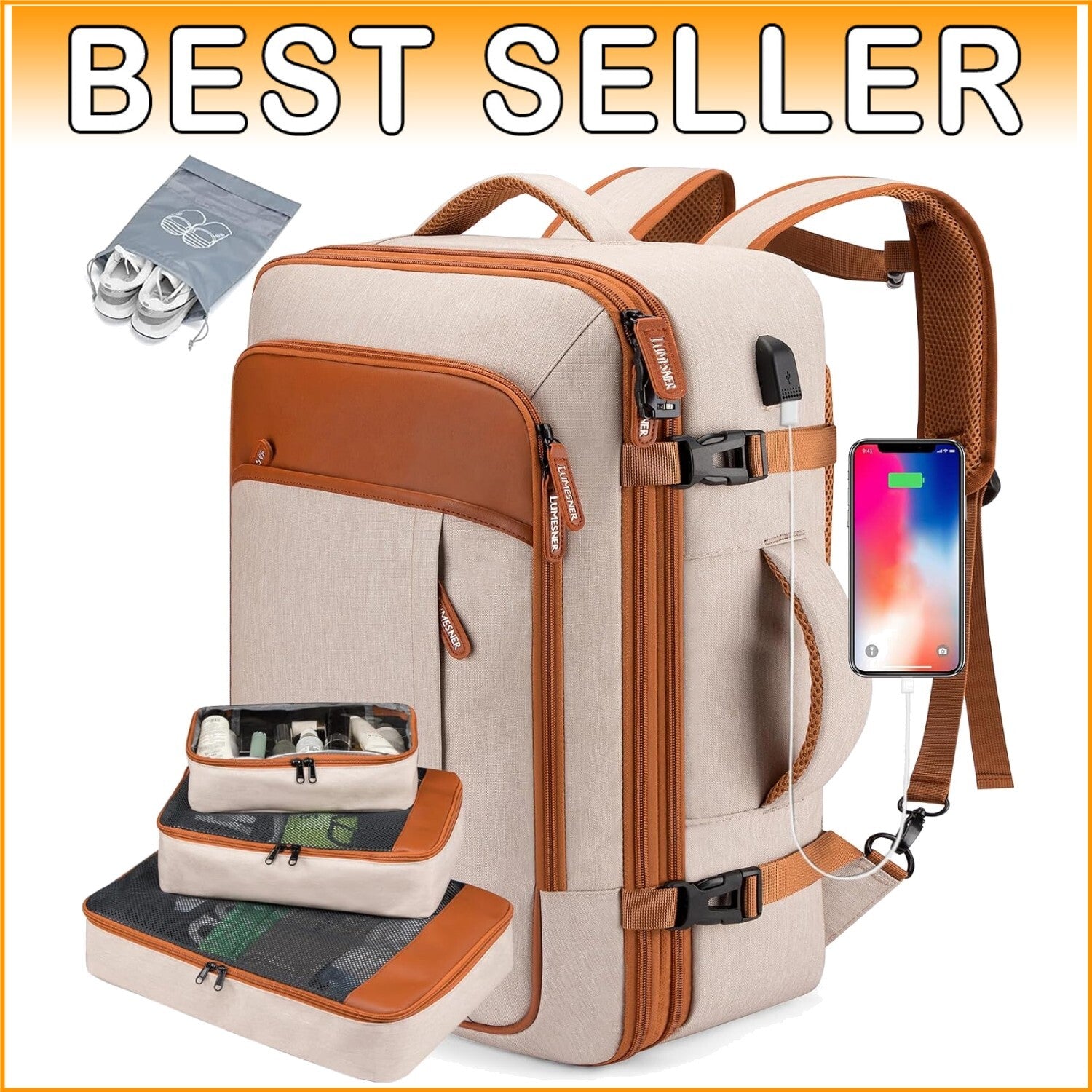 Expandable 40L Travel Backpack for Men & Women - Water Resistant & Stylish Beige