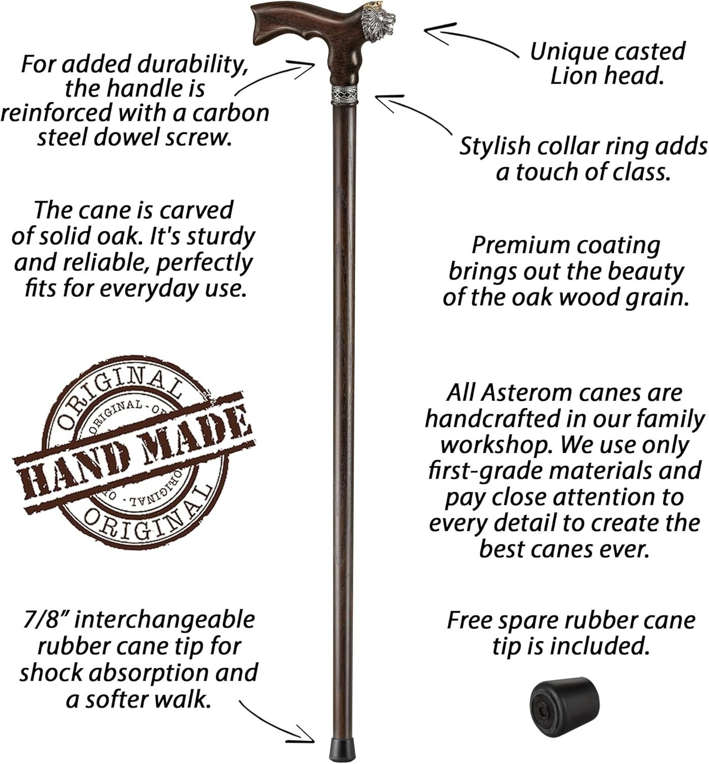 Fashionable 36" Lion Walking Cane for Men & Women - Handcrafted Oak Four Styles