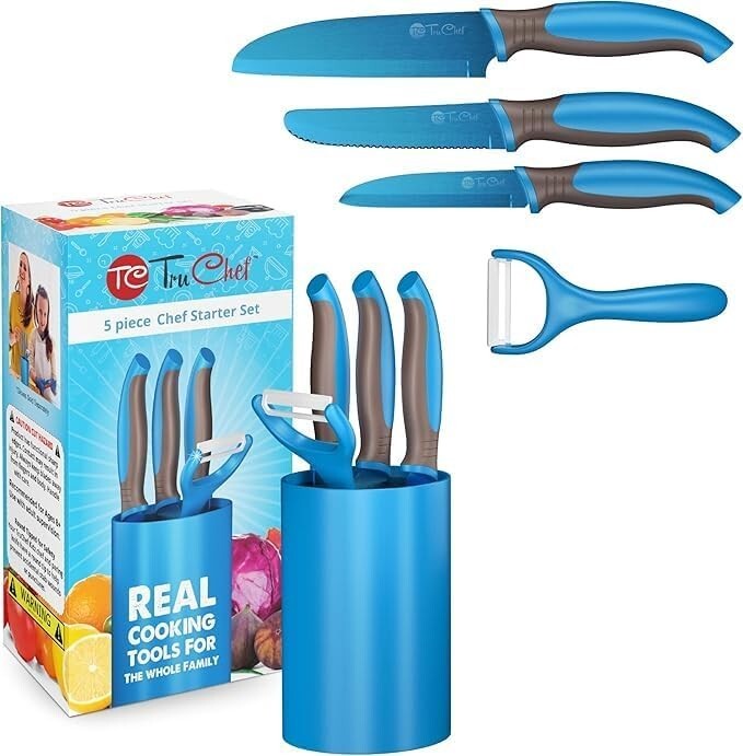 5-Piece Kids Cooking Set: Safe Blue Knives, Peeler & Holder for Young Chefs
