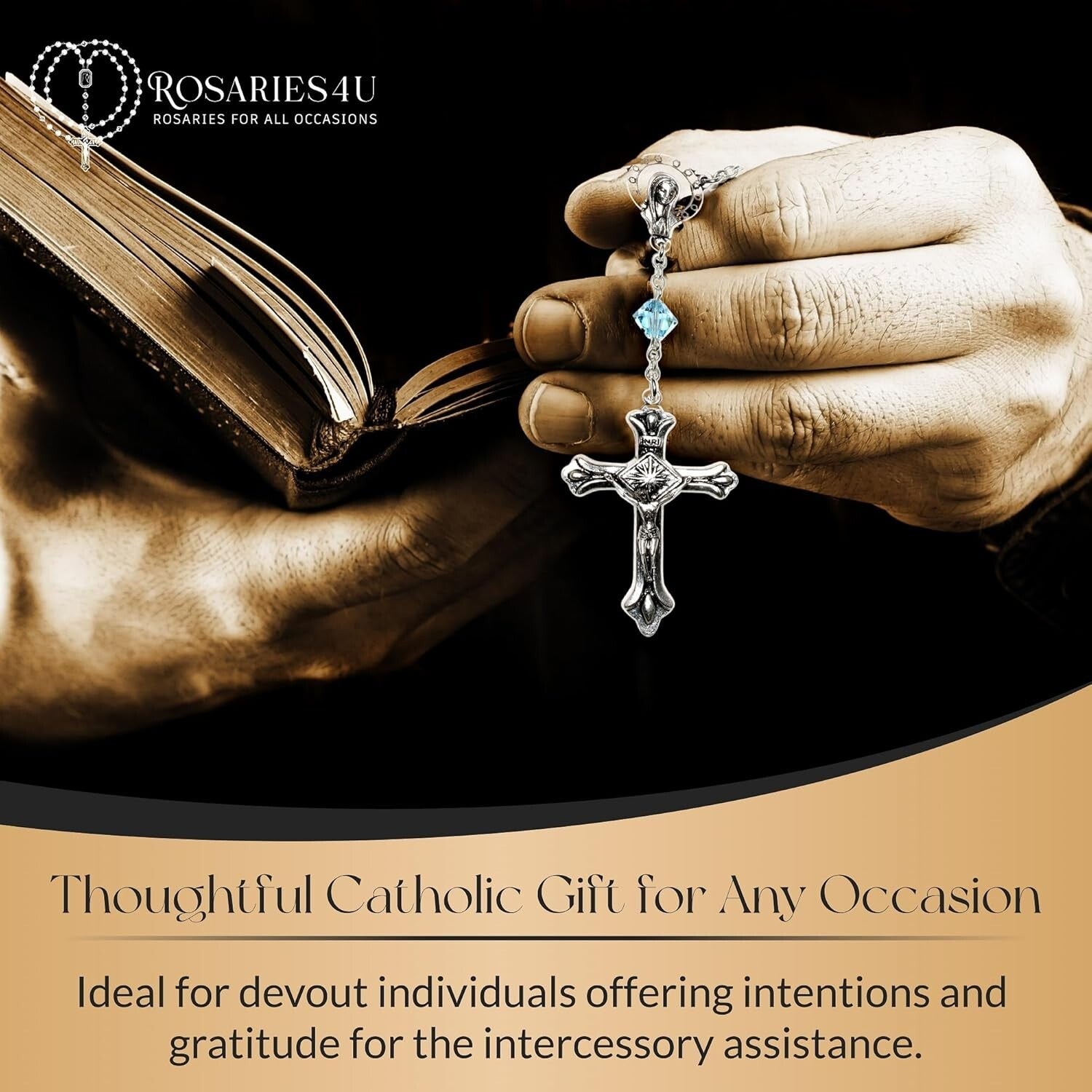 Austrian Crystal Aquamarine Auto Clasp Rosary with Holy Card - March Birthstone