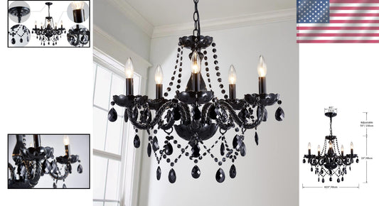 Adjustable Black Crystal Chandelier with 5 Dimmable Lights - 19" Ceiling Fixture