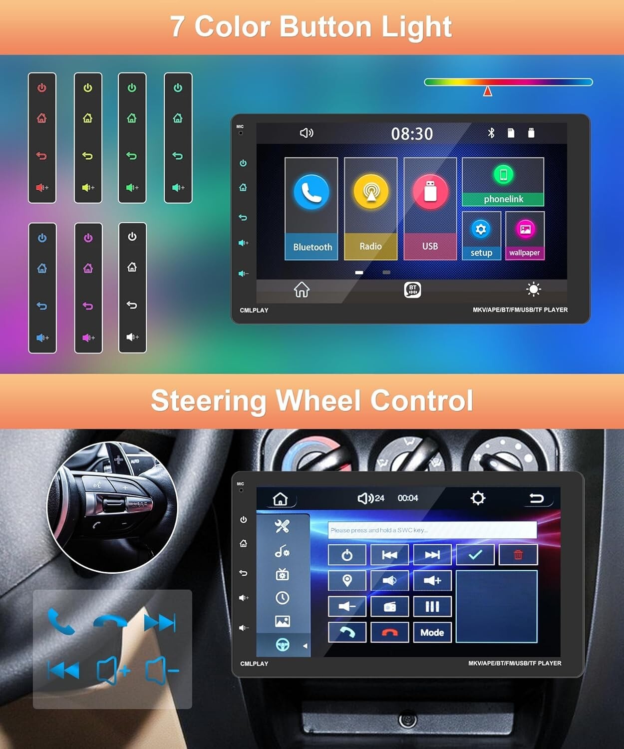 Detachable Touchscreen Car Multimedia Player with Bluetooth & Backup Camera