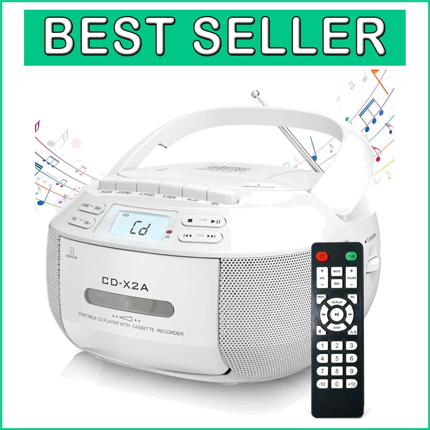 Bluetooth CD Player Boombox with AM/FM Radio, Tape Recording & Remote Control
