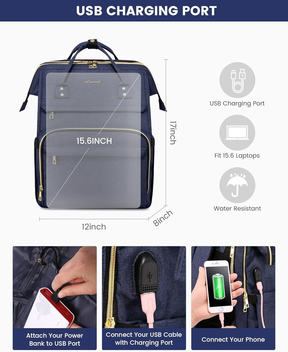 Versatile 15.6-Inch Navy Backpack with Laptop Compartment & 22 Pockets for Women