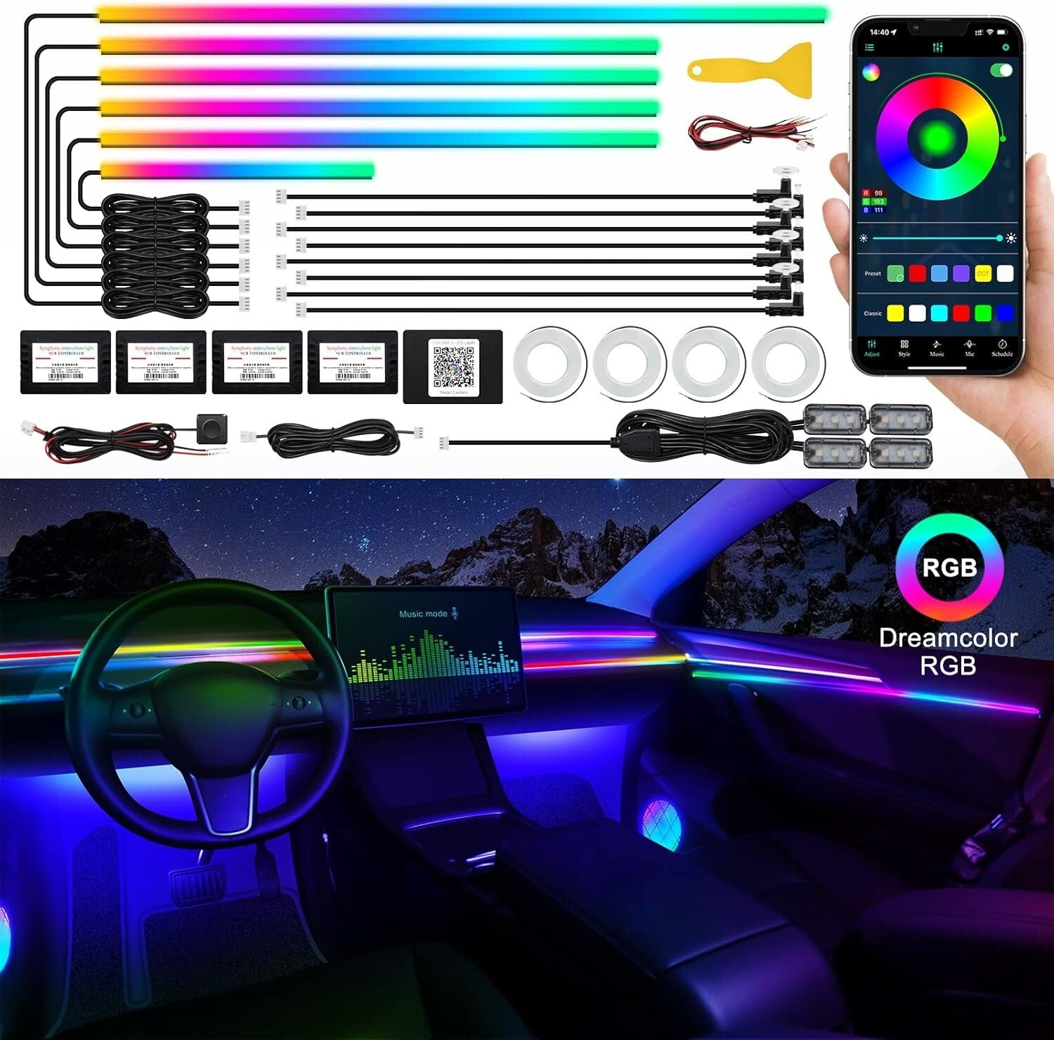593 LEDs RGB Car Interior Light Strip - Wireless App Control & Sound Active Fun