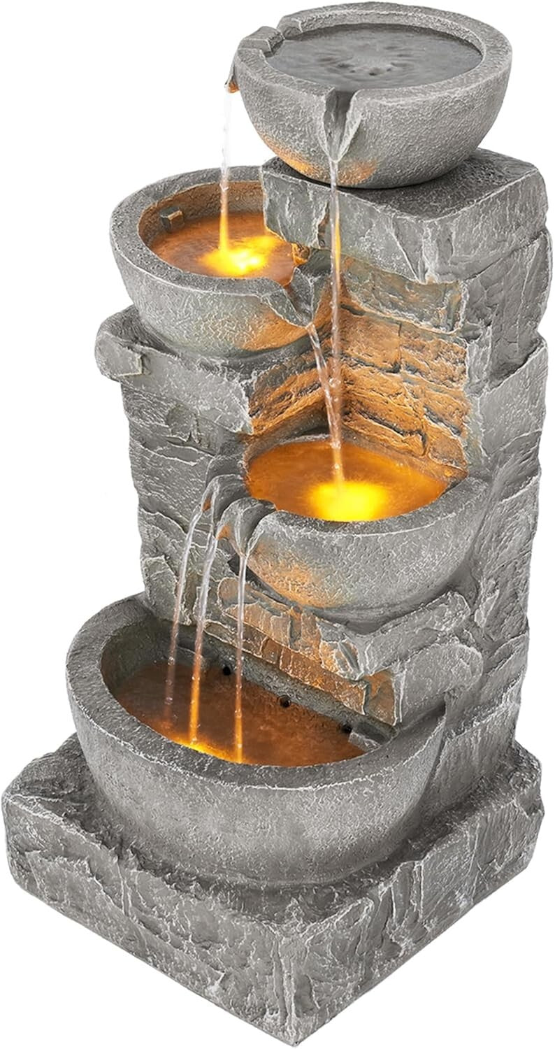 Elegant 33.25" LED Water Fountain with Cascading Bowls for Patios and Gardens