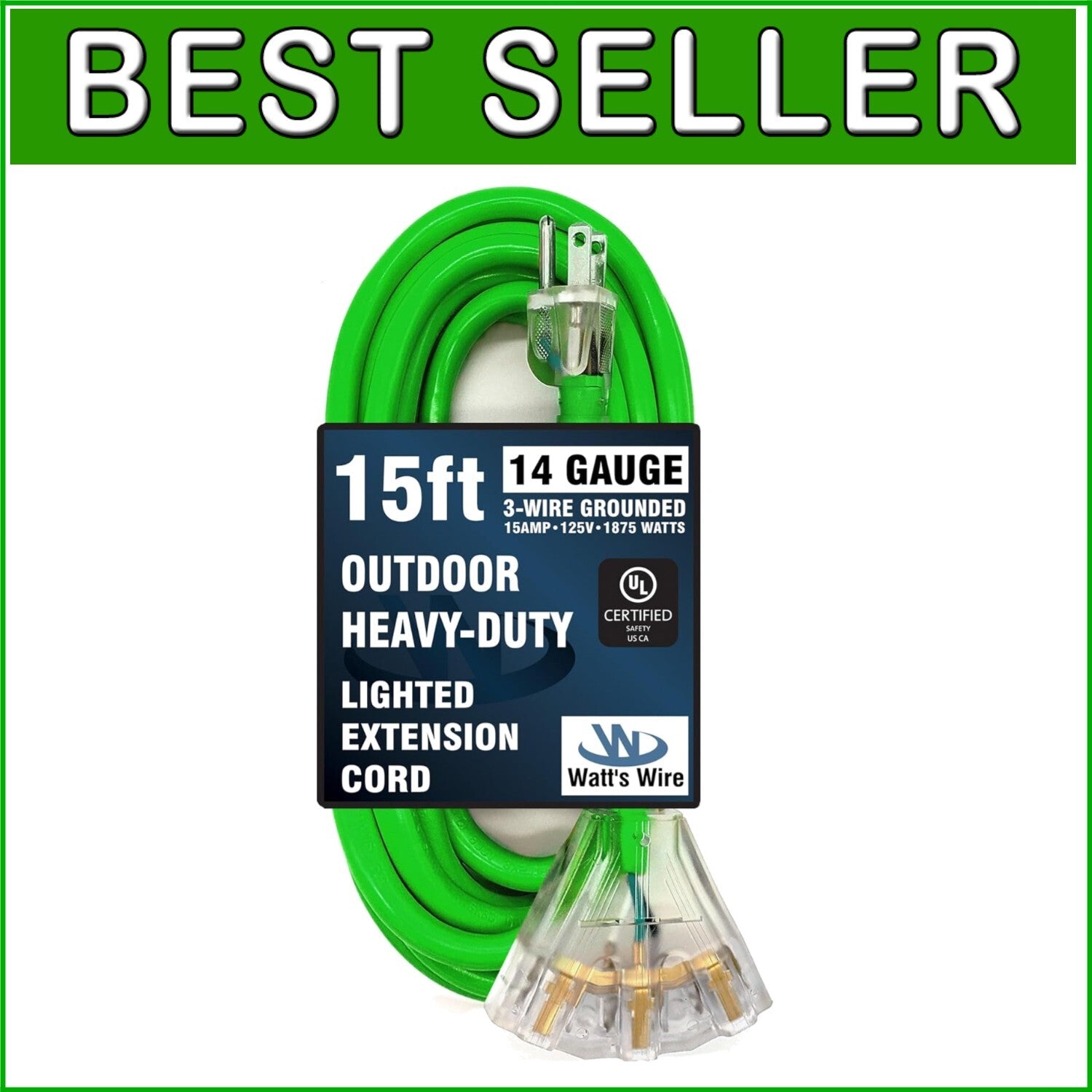 Durable 15 ft Green Extension Cord, 3 Outlet, 14 Gauge for Safe Performance
