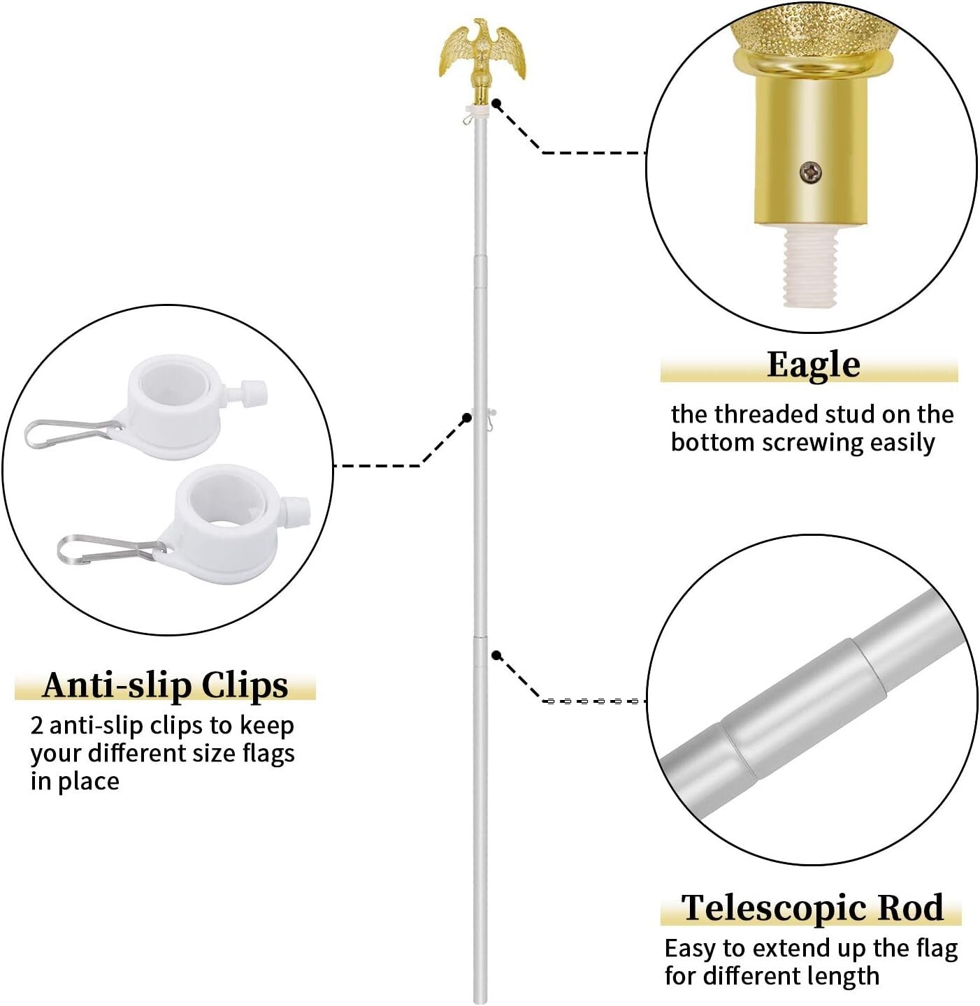 Durable 8 FT Telescoping Flagpole Kit: Eagle Topper & American Flag Included