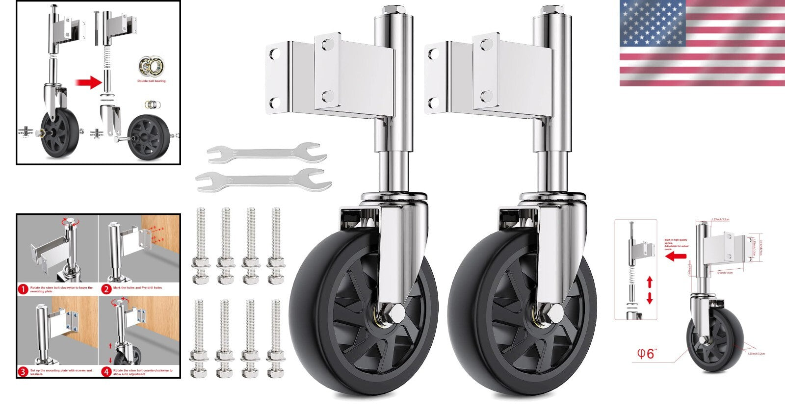Durable 6" Gate Casters with Spring Load - Heavy Duty, Easy Install, Set of 2