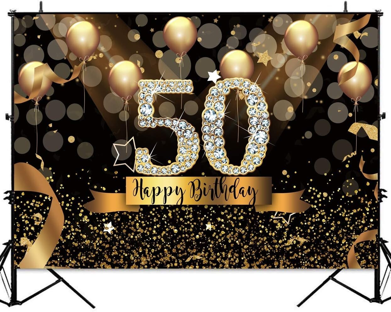 Elegant 10x8ft Glittering 50th Birthday Photography Backdrop with Gold Balloons